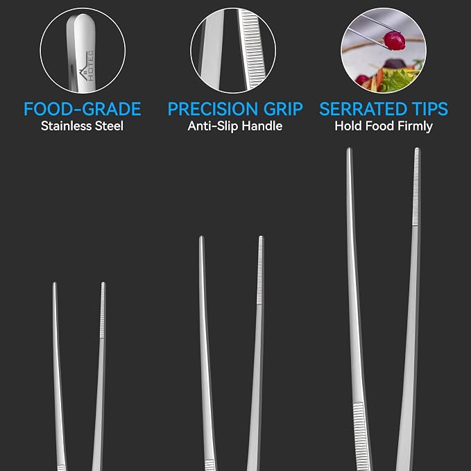 HOTEC Kitchen Tweezers Tongs Stainless Steel Professional Chef Tweezers, Set of 3-6.3", 10" and 12inch Food Tongs for Cooking, Repairing, Dessert, BBQ, Meat, Pasta, Silver