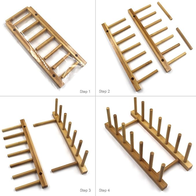 INNERNEED Bamboo Wooden Dish Rack, Vertical Plate & Lid Organizer | for Kitchen Cabinet or Countertop, Drying Stand for Dishes, Cutting Boards