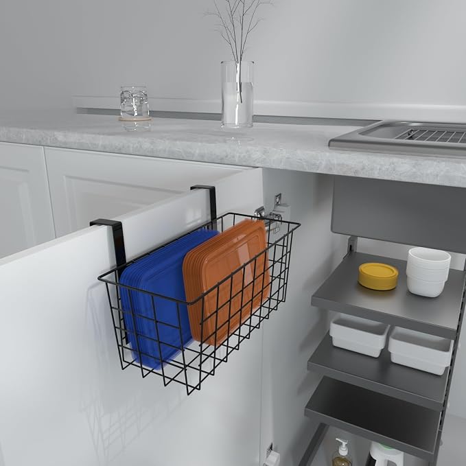 MaraFansie Basket with Hook, Grid Storage Basket, Over the Cabinet Door Organizer, Wire Hanging Basket with Hook Over the Railing, Under Sink Kitchen Cabinet, Pantry, Bathroom, Black, 2 Pack