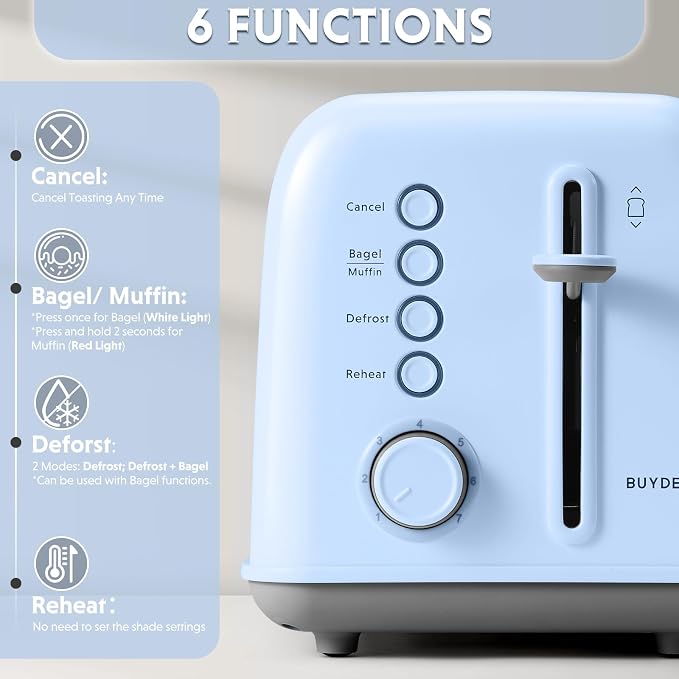 BUYDEEM DT620 2-Slice Toaster, 7 Shade Settings, Extra Wide 1.5'' Slots for Bagel & English Muffin, 6 Toasting Functions, Retro Stainless Steel Toaster with High Lift Lever, Blue