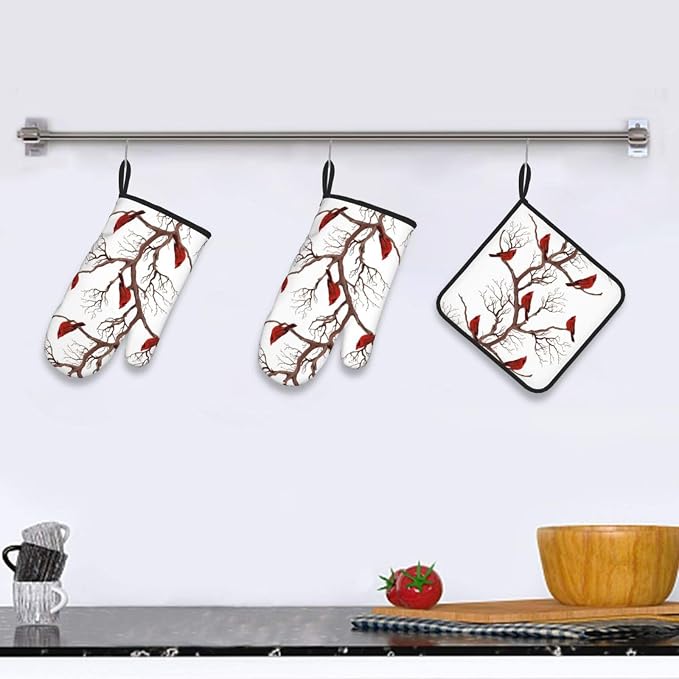 Winter Cardinal Birds Oven Mitts and Pot Holders Sets of 3 Hot Pads | Heat Resistant Washable Oven Gloves for Cooking Grilling Baking Christmas Holiday Kitchen Decor Cardinal Gifts for Women