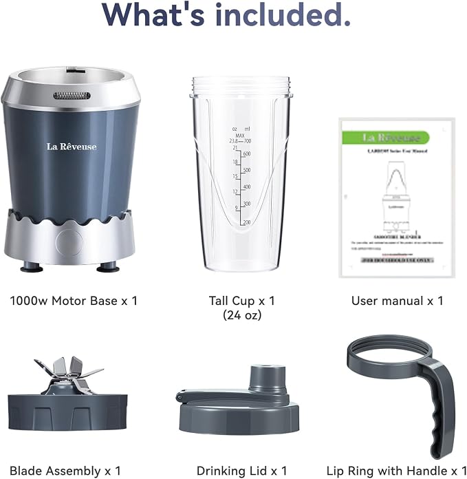 La Reveuse Personal Blender 1000Watts, (1) 24oz To-Go Cup, Gray, LARB2305 | Push to Blend for Frozen Shakes, Smoothies &Food Prep, 6-Leaf Blade, BPA-free Bottle with Portable Spout Lid, Dishwasher Safe