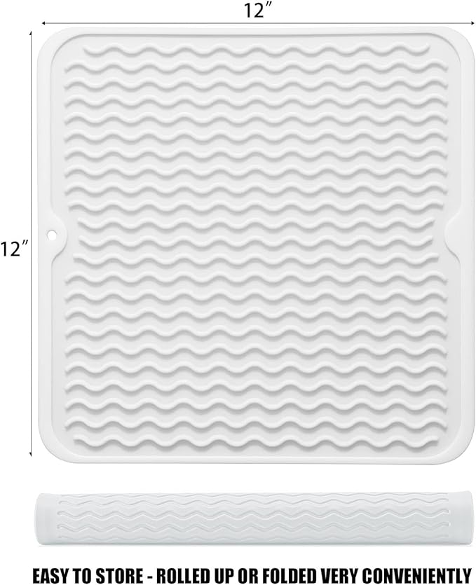 Silicone Dish Drying Mat, Non-Slip Easy Clean Sink Mat, White, 12" x 12" | Quick-Dry Ridges, Large Heat-resistant Dish Drainer Mat for Kitchen Counter, Hangable & Roll-Up for Storage, Dishwasher Safe