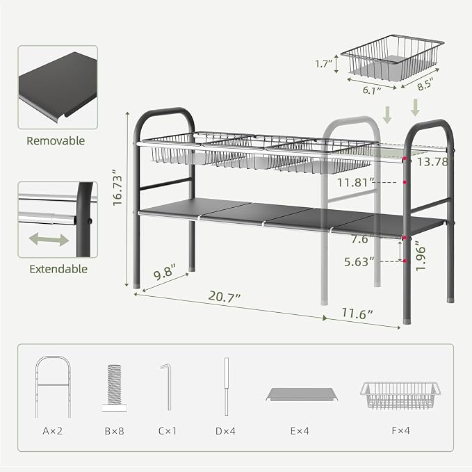 Under Sink Organizers and Storage,Expandable under cabinet organizer Shelf | 2 tier expandable shelf for kitchen,bathroom,4 Removable ABS Panels and 4 Baskets,Adjustable partition height,20.7-32.3" W