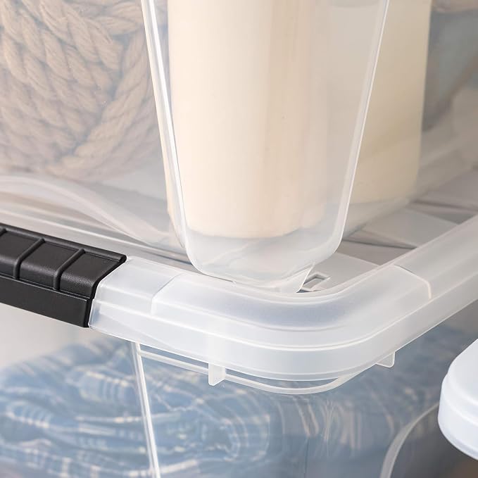 IRIS USA 4-Pack 32 Quart Storage Bins with Lids, Clear | Transparent design makes contents easy to find. Great for linens, décor, closet storage, and supplies. Nestable design saves