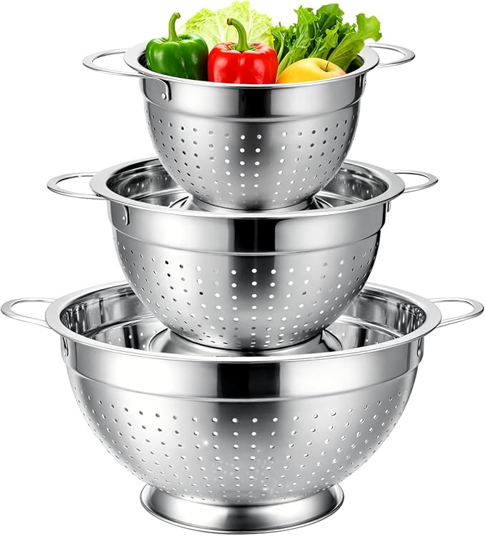 Palksky Stainless Steel Colander Set of 3, Nesting Metal Strainers with Handles and Raised Base, 7/8.7/11 Inch Kitchen Colanders for Pasta, Vegetables, Fruit, Rice, Salad and Meal Prep