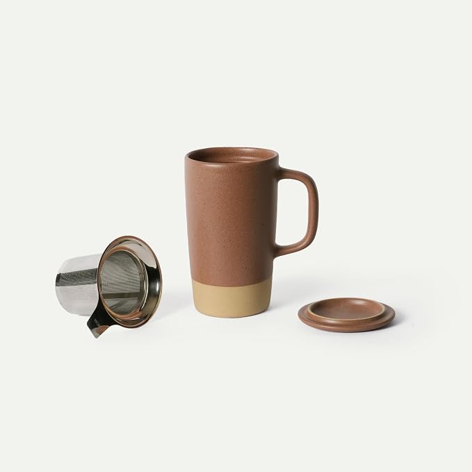 Mora Ceramics Large Tea Mug with Loose Leaf Infuser and Ceramic Lid, 18 oz, Portable, Microwave, Dishwasher Safe, Tall Coffee Cup - Rustic Matte Ceramic Glaze, Modern Herbal Tea Strainer, Terracotta