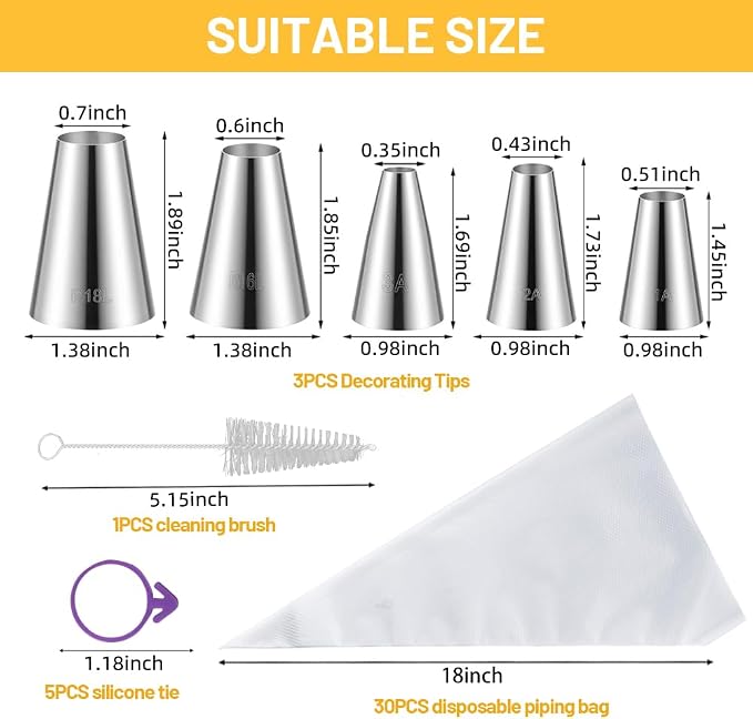 5PCS Large Round Piping Tips Set with 20PCS Large Piping Bags for Cupcake | Steel,Different Sizes Frosting Tip,18Inch Large Piping Bags,for Macarons,Cream Cookies,Cake decorating