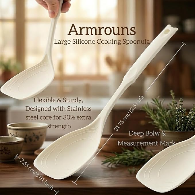Large Silicone Cooking Spoon 2PC, 12 -inch Non-Stick Spoonula set Deep Bolw & Measurement Mark for Mixing,Serving, Scooping, Scraping, Kitchen Utensils Spoons (White & Green)