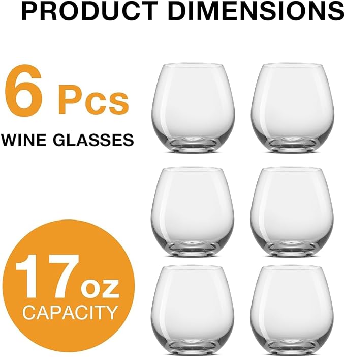 Meolibour® Large Stemless Wine Glasses Set of 6, 17 Ounces Red & White Wine Glasses Tumbler for Party, Clear Drink Glasses, Ideal Wine Accessories Gift, Lead-free, Dishwasher Safe