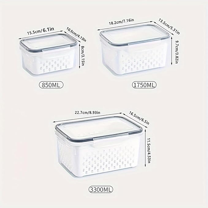3pcs 4 in 1 Fruit Storage Containers for Fridge with Removable Colanders | Airtight, stackable, keeps food fresh. Dishwasher safe. Berry, vegetable, produce basket, strainer, refrigerator keeper
