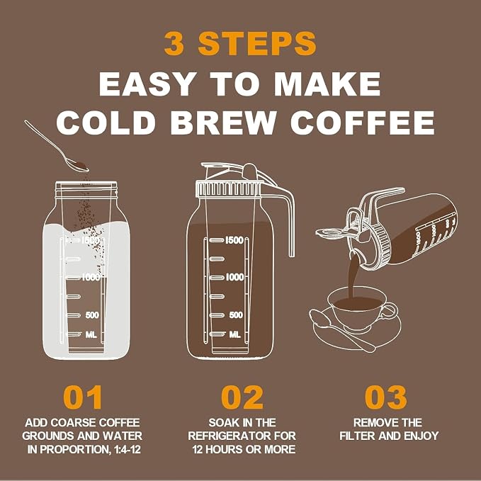 Cold Brew Coffee Maker, 64 oz Glass Mason Jar Pitcher | 100μm stainless steel filter, wide mouth design, leak-proof lid with handle, pour spout for iced coffee, tea and cold drinks