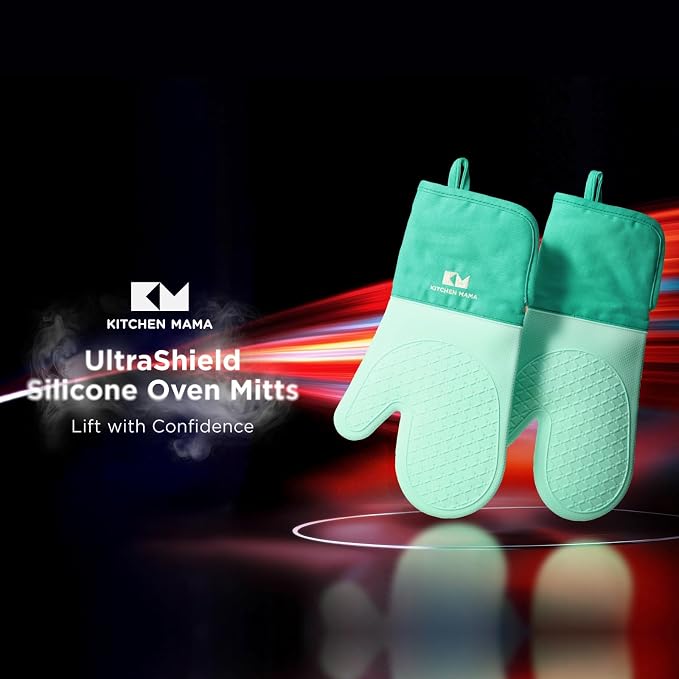 Kitchen Mama UltraShield Silicone Oven Mitts, Teal | Heat Resistant, Non-Slip Surface, Waterproof, Flexible, Durable