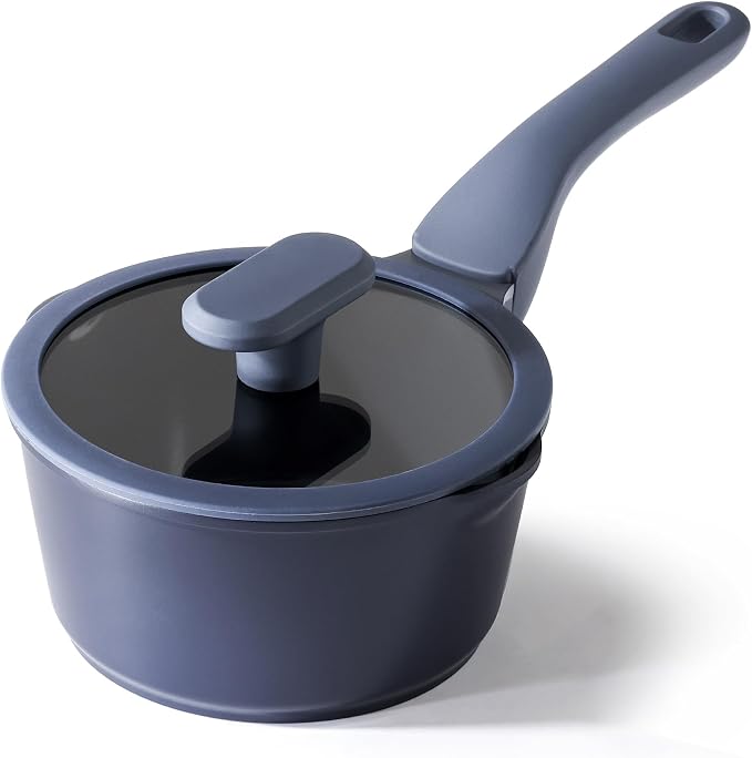 PRICUSIS Ceramic Nonstick Saucepan with Lid, 1.3 Quart Non Toxic Pot with Pour Spouts, Full Coated, 100% Dishwasher Safe, Induction Compatible, PTFE PFAS & PFOA Free, Blueberry Mist