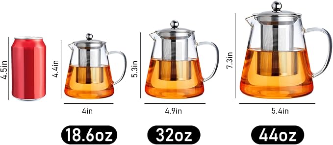 PARACITY Glass Teapot Stovetop 44 OZ, Borosilicate Clear Tea Kettle with Removable 18/8 Stainless Steel Infuser, Teapot Blooming and Loose Leaf Tea Maker Tea Brewer for Camping, Travel (1300ml) | A clear borosilicate tea maker/tea brewer uses an 18/8 s...