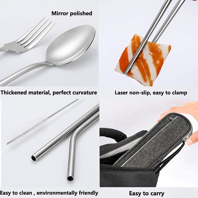 Portable Reusable Travel Utensils Silverware with Case,Camping Cutlery set,Chopsticks and Straw, Flatware Cutlery Set with Case, Stainless steel Travel Utensil set Top (Silver)