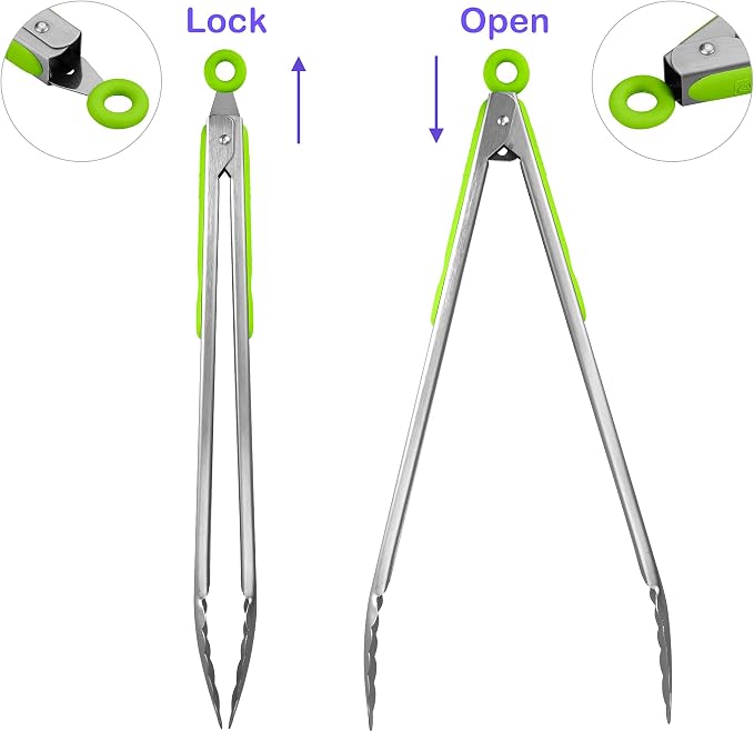 304 Stainless Steel Kitchen Cooking Tongs, 14 & 16 Inch, Set of 2, Green | Locking Food Tongs with Non-slip Grips and Hanging Loops for Cooking, Grilling, BBQ and Serving, Dishwasher Safe