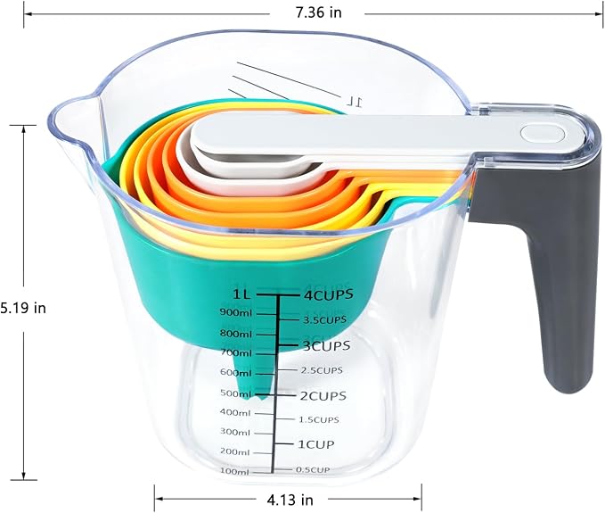 19-Pc Magnetic Measuring Cups and Spoons Set, with Lid, Black | Includes 1 cover, 9 stackable cups set & 9 black magnetic spoons, BPA-free & dishwasher safe, for liquid and dry baking