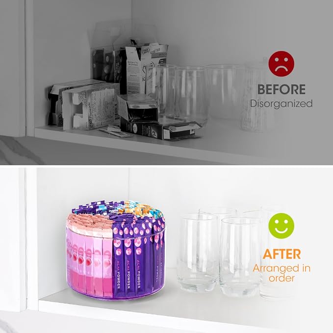 AIEVE Purple Drink Packet Organizer, Water Packet Organizer for Powdered Drink Mix, 360° Lazy Susan Turntable Rotating Tea Bag Holder for Kitchen Organization