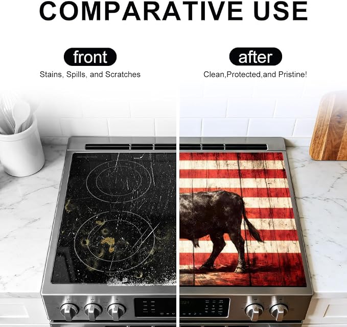 American Flag Black Bull Western Stove Top Cover 28.35x20.47in | American flag black bull western stove top cover 28.35x20.47 in; ranch farmhouse cooktop mat dishwasher safe machine washable
