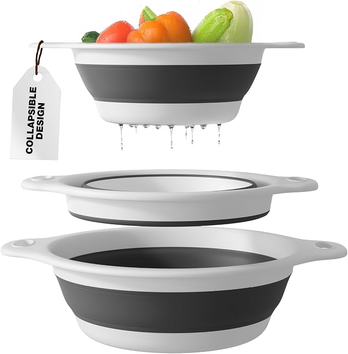 Gevoli Collapsible Colanders (3 Pack Set) Food Strainers with Over-Sink Water Draining Base for Pasta Fruits and Vegetables (Patent Pending) White (3 Sizes, 3QT, 4QT and 5 Quart)
