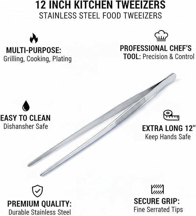 12-Inch Stainless Steel Kitchen Tweezers, Food Tongs for Cooking | Long Pasta and Plating Tweezer Tongs with Serrated Tips for Secure Grip; Professional Chef Tweezers for Cooking and Grilling