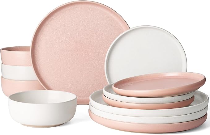 Famiware Milkyway 12-Piece Dinnerware Set, Matte Beige White & Light Pink | Stoneware Plates and Bowls for 4, Reactive Glaze Dish Set, Microwave & Dishwasher Safe, Chip & Scratch Resistant