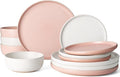 Famiware Milkyway 12-Piece Dinnerware Set, Matte Beige White & Light Pink | Stoneware Plates and Bowls for 4, Reactive Glaze Dish Set, Microwave & Dishwasher Safe, Chip & Scratch Resistant