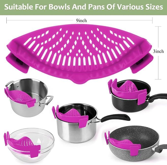 YEVIOR Clip on Strainer for Pots Pan Pasta | Food-grade BPA-free,Kitchen Food Strainer for Spaghetti, Pasta,Vegetable Fruits Fits All Bowls and Pots (Purple)