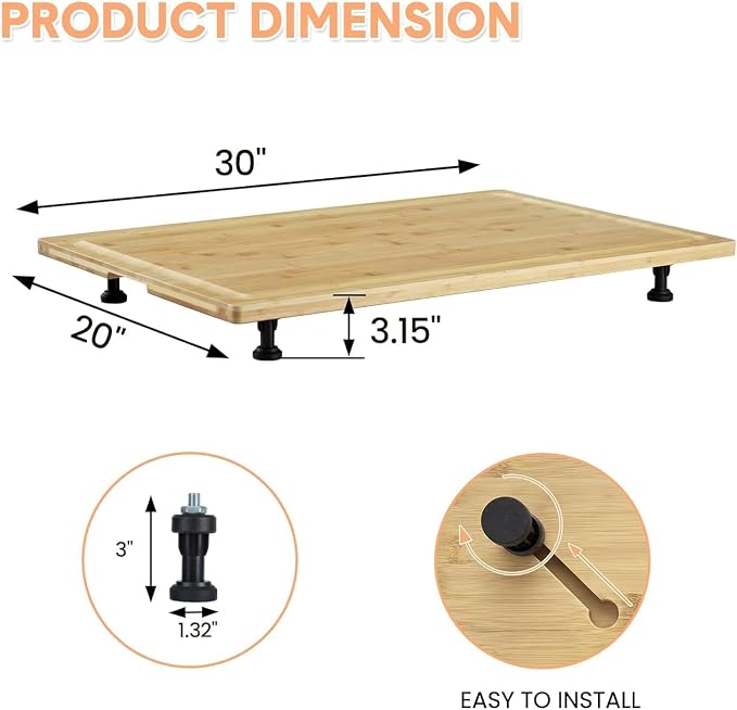 30" X 20" Bamboo Noodle Board Stove Cover: Removable Legs, Multi-Functional Countertop Cutting Board - Thickened Stovetop Cover for Electric/Gas Stoves, RV & Sink (Deep Grooves, Non-Slip)