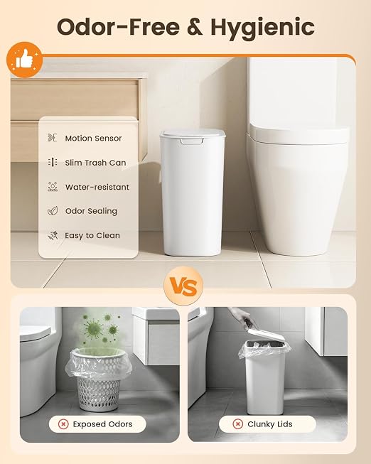 TIPGO 5 Gallon Automatic Bathroom Trash Can with Lid, White, Touchless | Motion Sensor, Slim Smart Garbage Bin, Plastic Wastebasket, Battery Operated, Manual Button, for Bedroom, Office,RV
