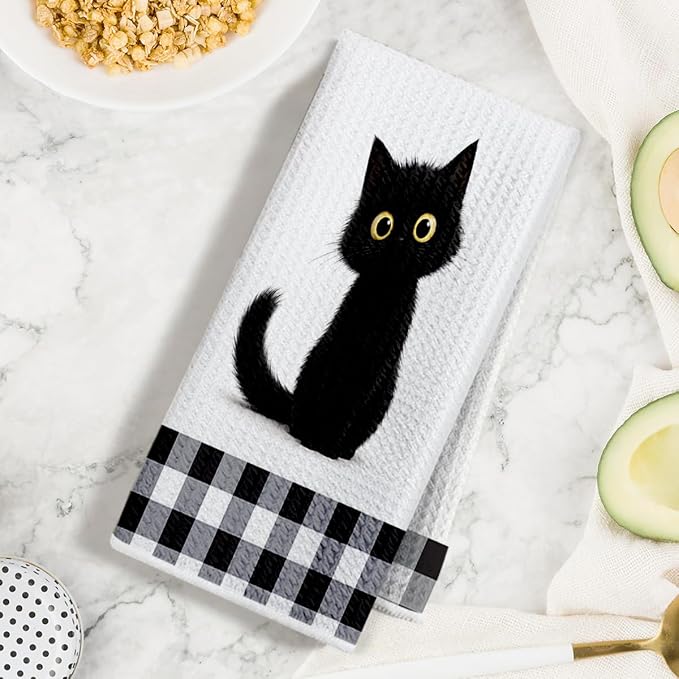 Jztco 2 Pcs Cute Cat Kitchen Towels, Cat Gifts Reusable Hand Towels-2 | Cat Dish Cloths for Drying Dishes, Cats Waffle Dish Towels for Kitchen Bathroom Decor, Cat Lover Gifts for Women Grandma Mom
