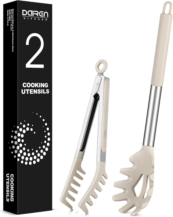 Spaghetti Spoon and Pasta Tong, Non-stick Silicone Spoon Server Fork with teeth and Stainless Steel Handle Spaghetti Tong, Food Clip for Spaghetti Noodle (KHAKI)