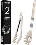Spaghetti Spoon and Pasta Tong, Non-stick Silicone Spoon Server Fork with teeth and Stainless Steel Handle Spaghetti Tong, Food Clip for Spaghetti Noodle (KHAKI)