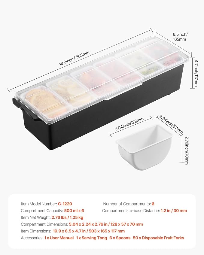 VEVOR Chilled Condiment Server, 6 Compartment Ice Cooled Condiment Serving Container, Chilled Garnish Tray Bar Caddy with Lid, for Bartending & Serving Taco, Salad, Fruit, Home & Restaurant Supplies