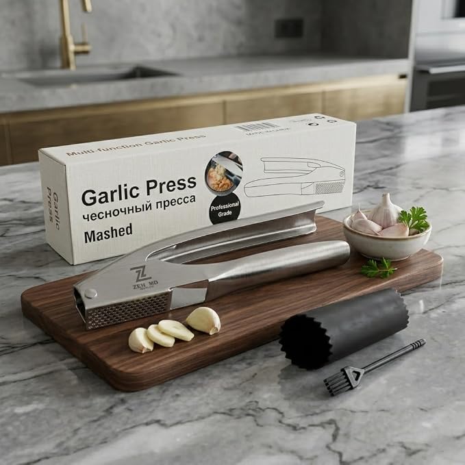 Zen MD 304 Stainless Steel Garlic Press, Heavy Duty Mincer & Crusher Tool, No Peeling Needed, Large Capacity Garlic Press and Masher, Easy Squeeze Presser, Rustproof Dishwasher Safe Kitchen Gadget