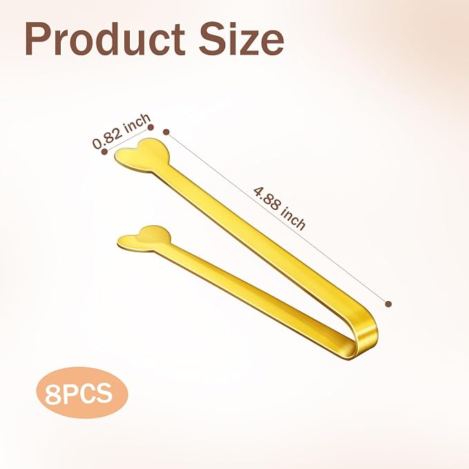 8 PCS Gold Mini Serving Tongs, 4.88 Inch Small Metal Kitchen Charcuterie Tongs, Stainless Steel Sugar Cube Ice Tong for Coffee Bar, Tea Party, Desserts Party, Ice Bucket and Sugar