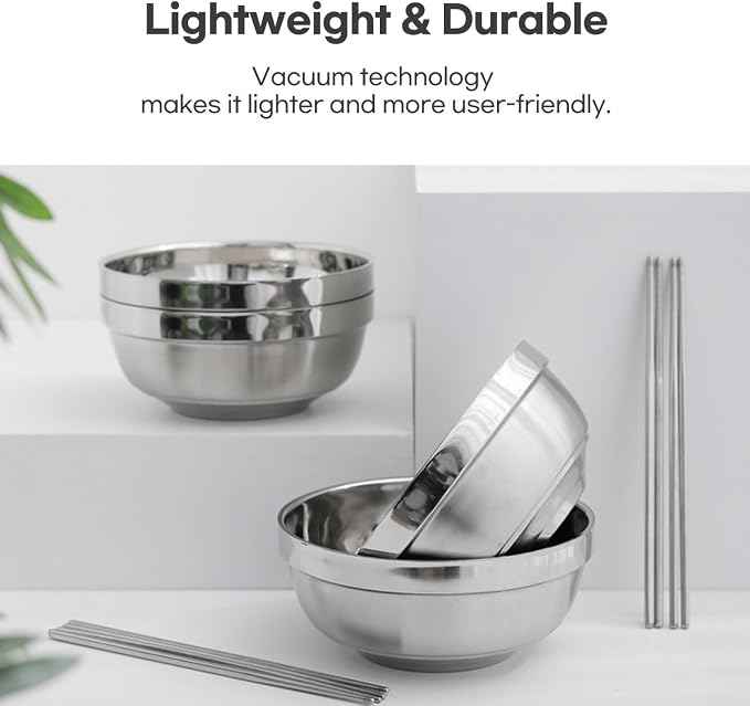 4 Pack 40 Oz Stainless Steel bowl set with chopsticks, Metal Double=walled Insulated noodle bowl, cereal, Ice Cream, Soup, Korean Ramen, 7 Inch