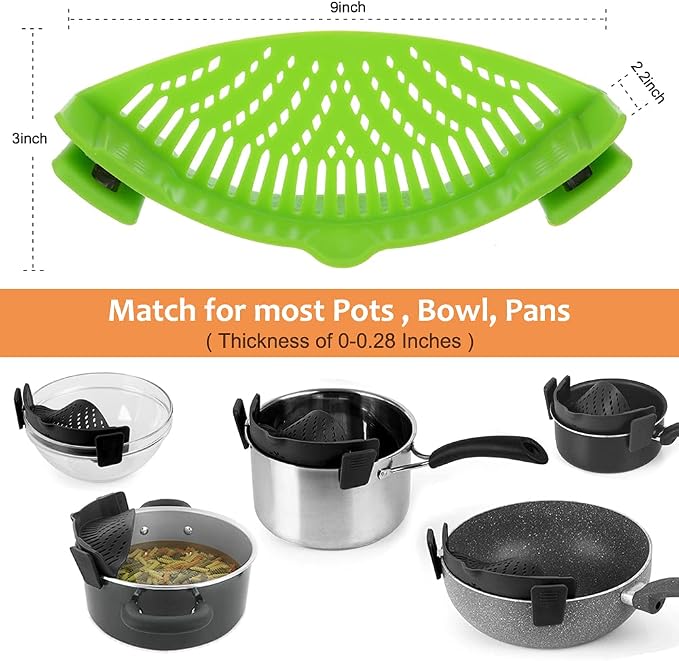YEVIOR Clip on Strainer for Pots Pan Pasta,Silicone Food Pan Strainer | 2 Pack Food-grade BPA-free,Kitchen Food Strainer for Spaghetti, Pasta,Vegetable Fruits Fits All Bowls and Pots