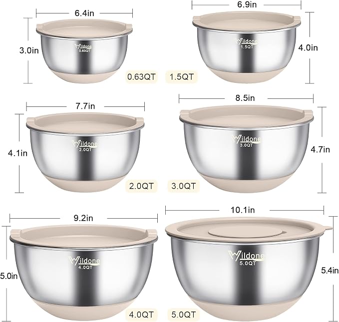 Wildone Mixing Bowls with Airtight Lids, Stainless Steel Mixing Bowls Set | Metal Bowls with 3 Grater Attachments & Non-Slip Bottoms, Size 5, 4, 3, 2,1.5, 0.63QT, Includes Utensil Set for Prep, Khaki
