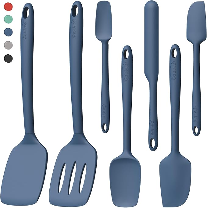 Coukre Silicone Spatula Set of 7, BPA Free Food Grade Silicone Cooking Utensils, Heat Resistant Kitchen Tools for Nonstick Cookware, Dishwasher Safe Spatulas for Cooking and Baking（7,PureDarkBlue）