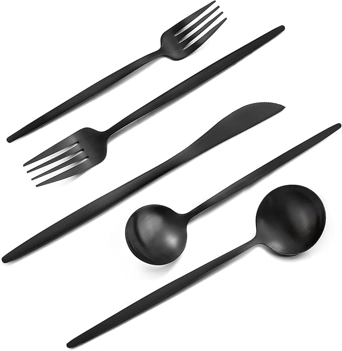 Matte Black Silverware Set, VANVRO 60-Piece Stainless Steel Flatware Set, Black Silverware Set for 12, Satin Finish tableware Cutlery Set,Home and Restaurant, Dishwasher Safe