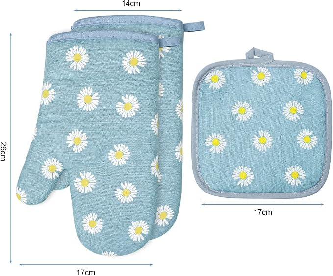 AUAUY Oven Mitts and Pot Holders 4PCS Set, 392°F Heat Resistant, Daisy-Blue | Cooking Gloves and Hot Pads Baking Mittens, Grilling Gloves BBQ Gloves Non-Slip Kitchen Mittens for Oven Cooking Baking BBQ