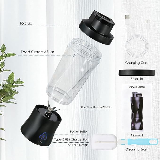 Personal Blender Wireless 24oz Cordless Mini 360 Watt Portable Blender-for Smoothies Freshly Squeezed Juices 6000mAh Self Cleaning and BPA Free Portable Juicer with 6 Sharp Blade Carbon Black