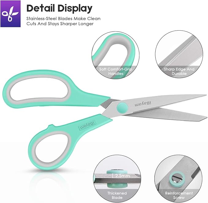 iBayam 24-Pack 8" Heavy Duty Scissors in Bulk, Ultra-Sharp, Comfort Grip | 2.5mm Ultra-Sharp Stainless Steel Blades, 100,000+ Cuts, Comfort-Grip Handles, Ambidextrous, Multipurpose — 24-Pack, 3 Colors