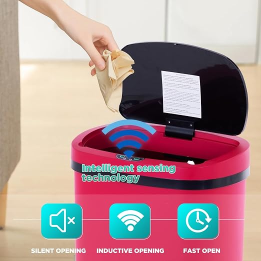 BestOffice | 13 Gallon Plastic Trash Can with Lid | Red | Automatic Touchless Garbage Can | Odor Control | Modern Oval Design | Easy to Clean | For Kitchen, Bathroom, Office or Home
