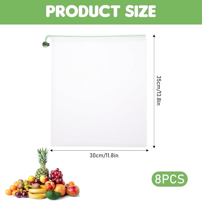 TIESOME 8PCS Reusable Produce Mesh Bags, Washable Vegetable Storage Bags | Grocery Storage Mesh Bags with Drawstring Transparent Toy Organizer Bags for Farmers Market Refrigerator Storage