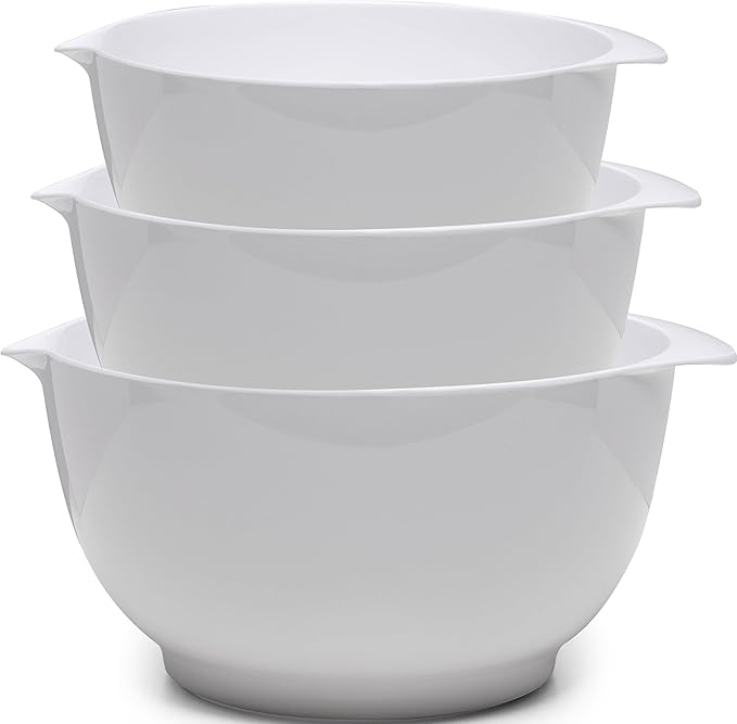 Nesting Mixing Bowls Set, 3 Piece Melamine Bowls Set, 2.5 quart, 3.5 quart, 4.5 quart, Non Slip Base with Easy Pour Spout, Kitchen Cooking and Baking Supplies, White