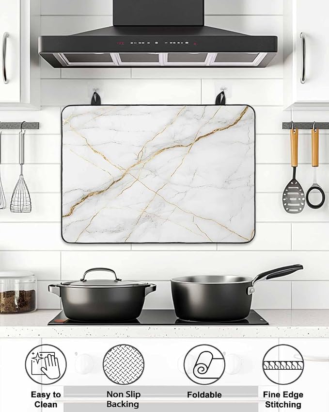 Stove Top Covers for Electric Stove 31x24 Inches, White Marble HeatResistant Glass Cooktop Protector, Nature Marble Crack Yellow-golden Lines Ceramic Stovetop Countertop Covers Mat, Modern Oven Cover