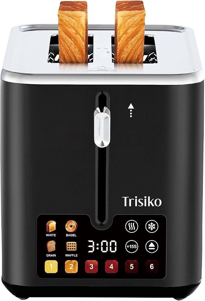 Trisiko® Touch Screen Toaster 2 Slice, 900W Digital Toaster with Countdown Timer, 1.38 in Wide Slots, 6 Browning Levels, Bagel, Defrost, Reheat, Cancel, Crumb Tray, Cord Wrap-Black